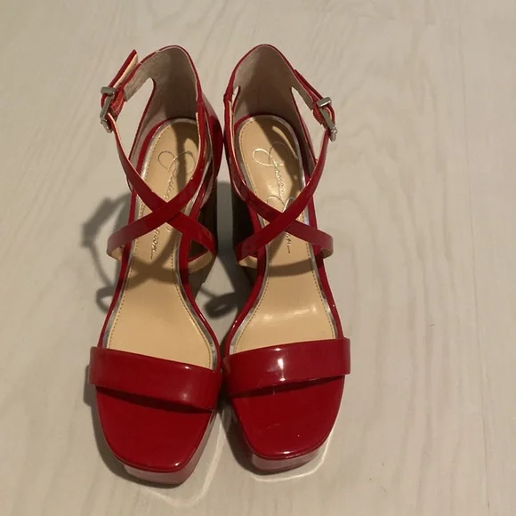 NWOT Jessica Simpson Lipstick Red Strap Wedges 7M - Picture 2 of 9
